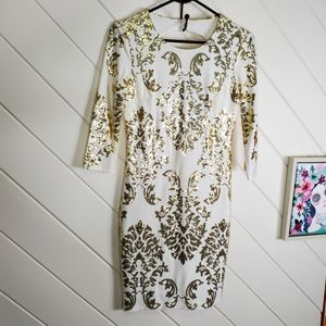 White with gold open sequin cocktail dress